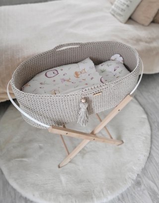 Bawełniany Kosz Mojżesza Boho Handmade z Antybakteryjnym Materacykiem i Stojakiem dla Niemowląt - jasny beżowy