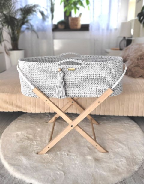 Bawełniany Kosz Mojżesza Boho Handmade z Antybakteryjnym Materacykiem i Stojakiem dla Niemowląt - jasny szary Bawełniany Kosz Mojżesza Boho Handmade z Antybakteryjnym Materacykiem i Stojakiem dla Niemowląt - jasny szary