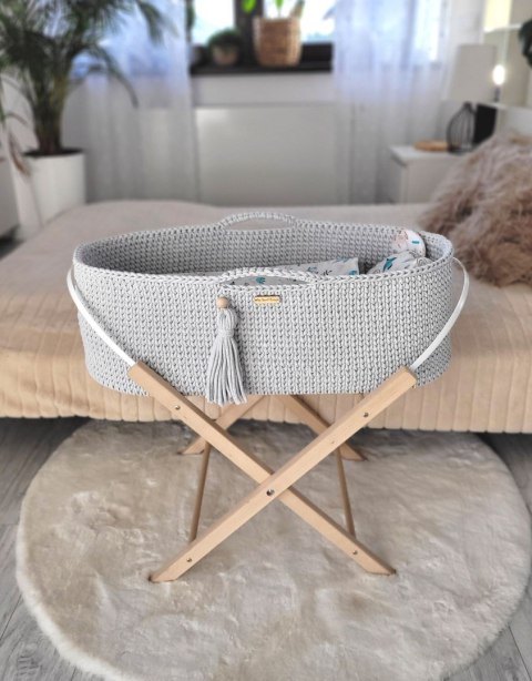 Bawełniany Kosz Mojżesza Boho Handmade z Antybakteryjnym Materacykiem i Stojakiem dla Niemowląt - jasny szary Bawełniany Kosz Mojżesza Boho Handmade z Antybakteryjnym Materacykiem i Stojakiem dla Niemowląt - jasny szary