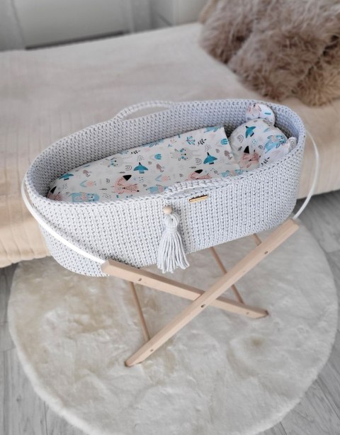 Bawełniany Kosz Mojżesza Boho Handmade z Antybakteryjnym Materacykiem i Stojakiem dla Niemowląt - jasny szary Bawełniany Kosz Mojżesza Boho Handmade z Antybakteryjnym Materacykiem i Stojakiem dla Niemowląt - jasny szary