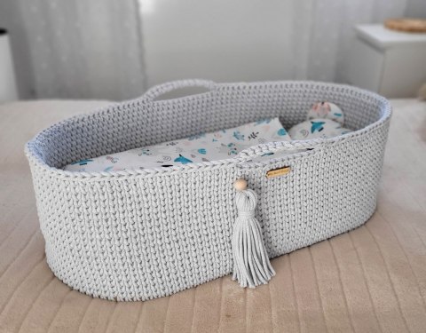 Bawełniany Kosz Mojżesza Boho Handmade z Antybakteryjnym Materacykiem i Stojakiem dla Niemowląt - jasny szary Bawełniany Kosz Mojżesza Boho Handmade z Antybakteryjnym Materacykiem i Stojakiem dla Niemowląt - jasny szary