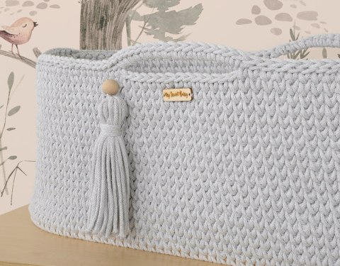 Bawełniany Kosz Mojżesza Boho Handmade z Antybakteryjnym Materacykiem i Stojakiem dla Niemowląt - jasny szary Bawełniany Kosz Mojżesza Boho Handmade z Antybakteryjnym Materacykiem i Stojakiem dla Niemowląt - jasny szary