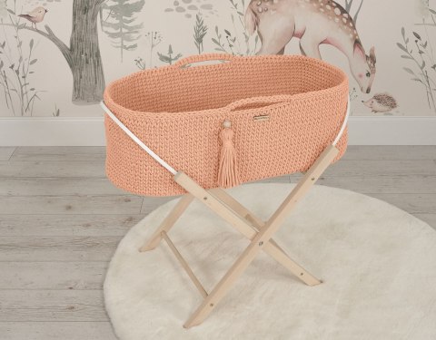 Bawełniany Kosz Mojżesza Boho Handmade z Antybakteryjnym Materacykiem i Stojakiem dla Niemowląt - łososiowy Bawełniany Kosz Mojżesza Boho Handmade z Antybakteryjnym Materacykiem i Stojakiem dla Niemowląt - łososiowy