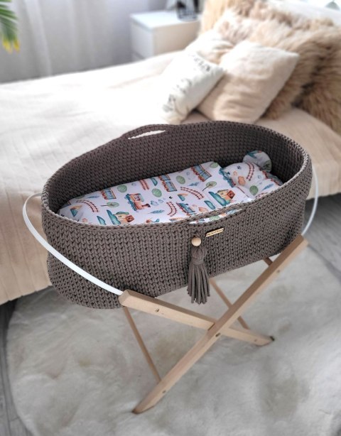Bawełniany Kosz Mojżesza Boho Handmade z Antybakteryjnym Materacykiem i Stojakiem dla Niemowląt - kawowy Bawełniany Kosz Mojżesza Boho Handmade z Antybakteryjnym Materacykiem i Stojakiem dla Niemowląt - kawowy
