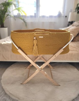 Bawełniany Kosz Mojżesza Boho Handmade z Antybakteryjnym Materacykiem i Stojakiem dla Niemowląt - musztardowy
