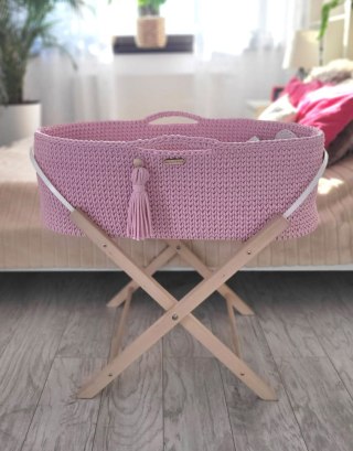 Bawełniany Kosz Mojżesza Boho Handmade z Antybakteryjnym Materacykiem i Stojakiem dla Niemowląt - różowy