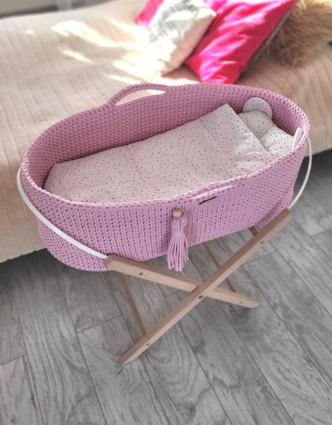 Bawełniany Kosz Mojżesza Boho Handmade z Antybakteryjnym Materacykiem i Stojakiem dla Niemowląt - różowy