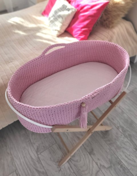 Bawełniany Kosz Mojżesza Boho Handmade z Antybakteryjnym Materacykiem i Stojakiem dla Niemowląt - różowy