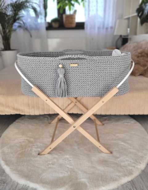 Bawełniany Kosz Mojżesza Boho Handmade z Antybakteryjnym Materacykiem i Stojakiem dla Niemowląt - szary