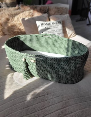 Bawełniany Kosz Mojżesza Boho Handmade z Antybakteryjnym Materacykiem dla Niemowląt - szałwia