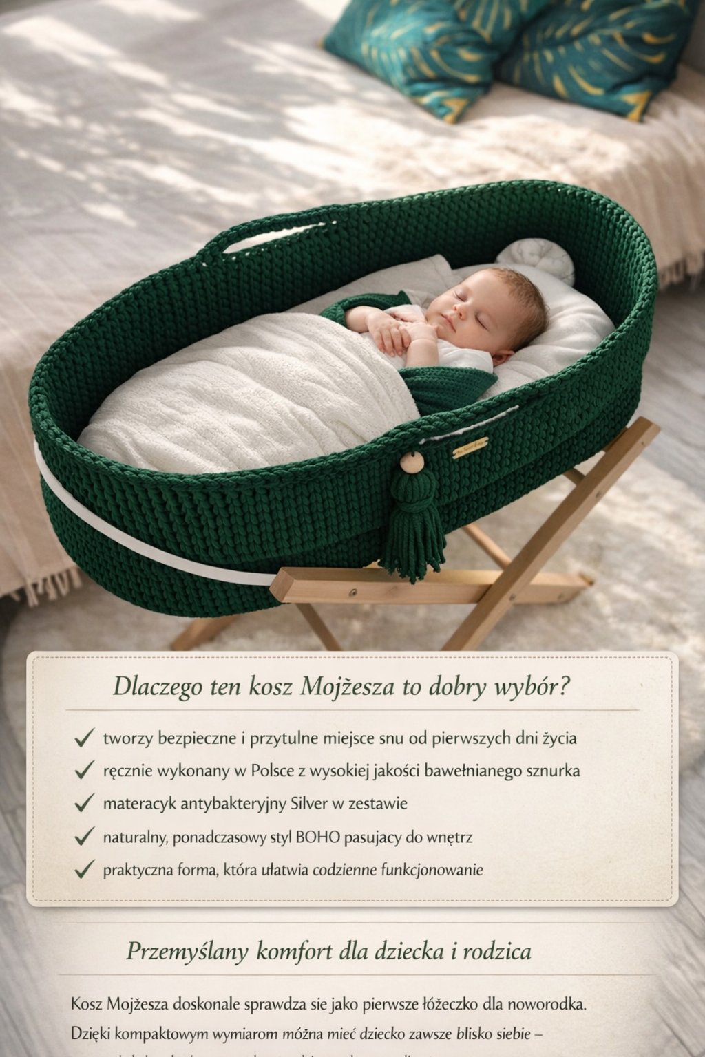 Kosz Mojżesza butelkowa zieleń z dzieckiem – grafika lifestyle