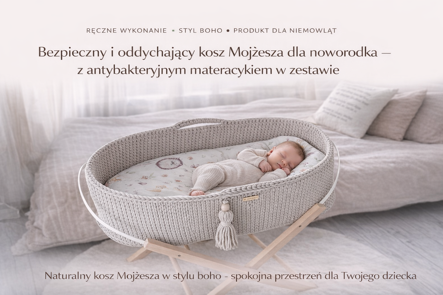 Kosz Mojżesza boho z dzieckiem – grafika lifestyle